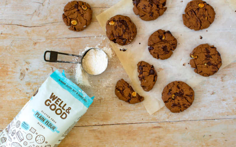 Choc macadamia cookies and a bag of flour