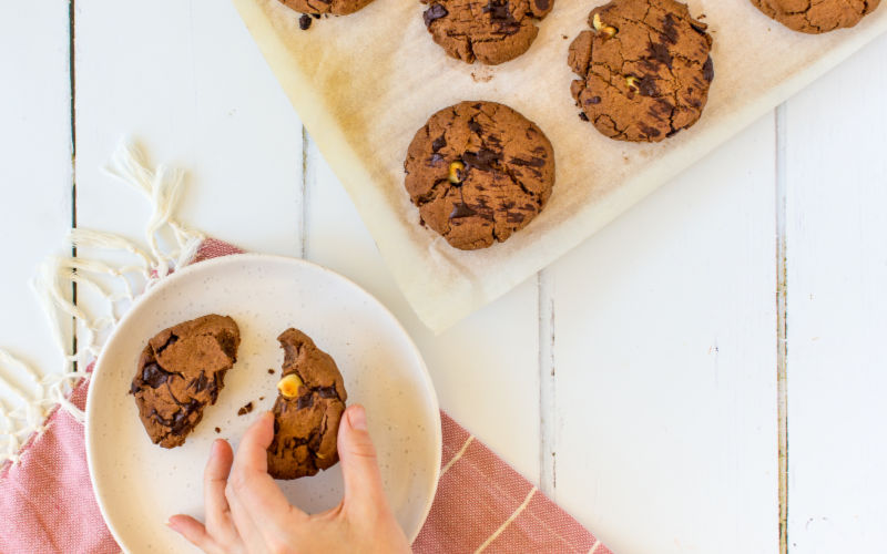 Choc macadamia cookies on a plate